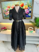 Robe Chemise Midi en Dentelle Noire Élégante avec Ceinture – Image 11