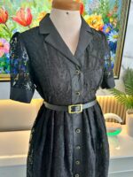 Robe Chemise Midi en Dentelle Noire Élégante avec Ceinture – Image 12