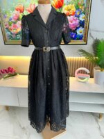 Robe Chemise Midi en Dentelle Noire Élégante avec Ceinture – Image 16