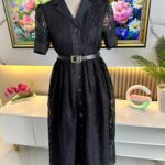 Robe Chemise Midi en Dentelle Noire Élégante avec Ceinture