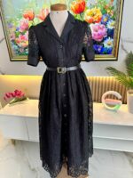 Robe Chemise Midi en Dentelle Noire Élégante avec Ceinture