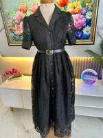 Robe Chemise Midi en Dentelle Noire Élégante avec Ceinture – Image 4