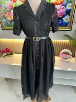 Robe Chemise Midi en Dentelle Noire Élégante avec Ceinture – Image 5