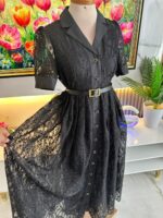 Robe Chemise Midi en Dentelle Noire Élégante avec Ceinture – Image 3