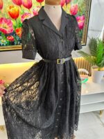 Robe Chemise Midi en Dentelle Noire Élégante avec Ceinture – Image 2