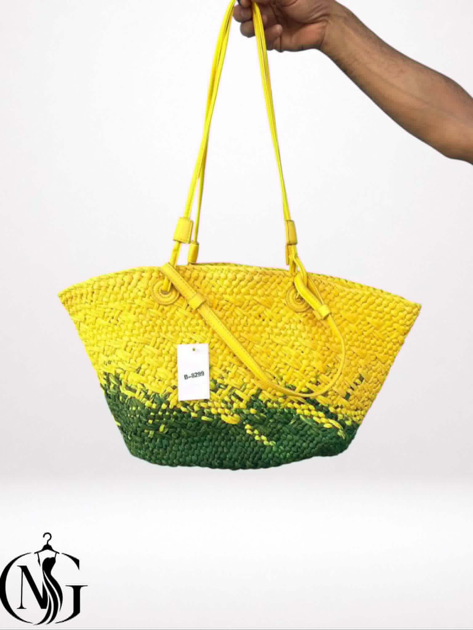 9 jaune Sac cabas tressé tendance avec anses longues – Image 1