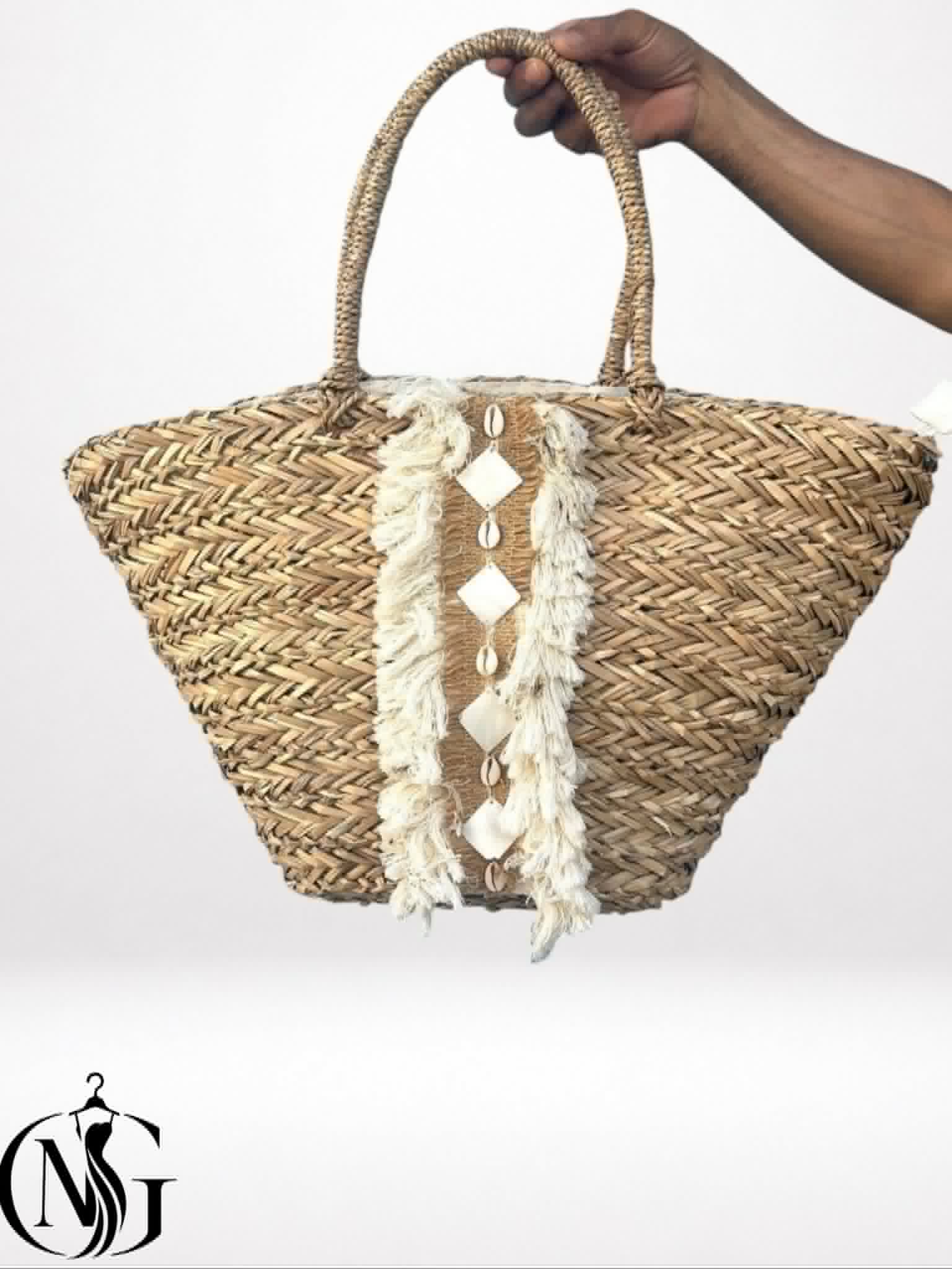 9ofa blanc Sac cabas tressé bohème avec détails macramé – Image 1