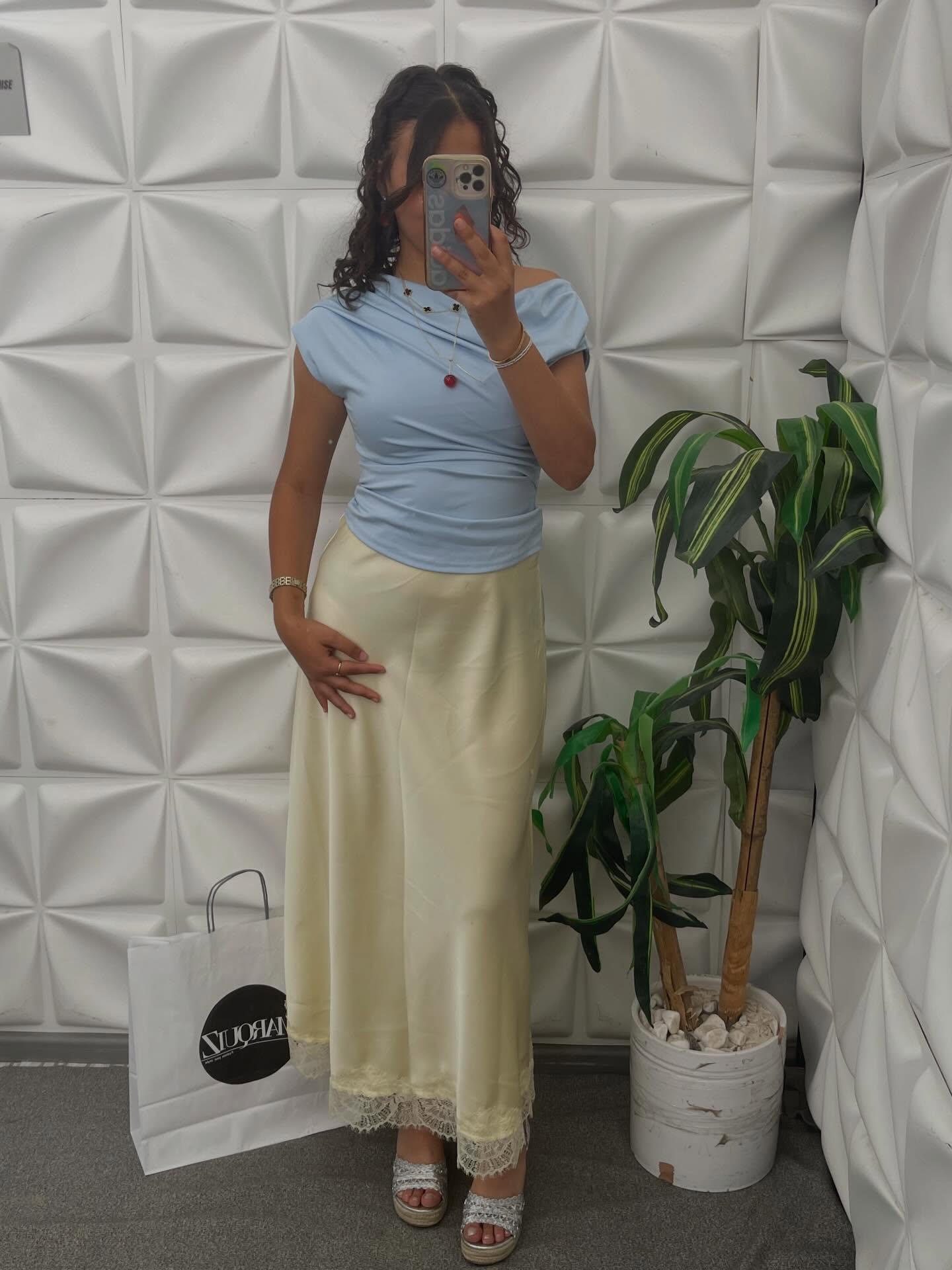 jupe jaune bleu pull drapé élégant pour femme – Image 1